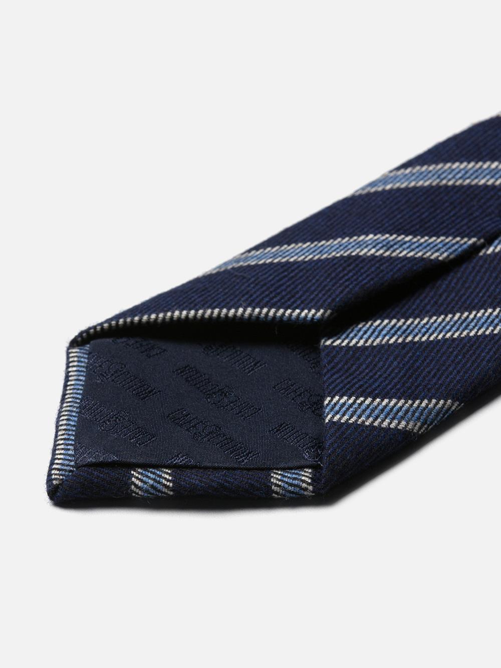 Wollen en zijden marine met hemelsblauwe strepen stropdas 
