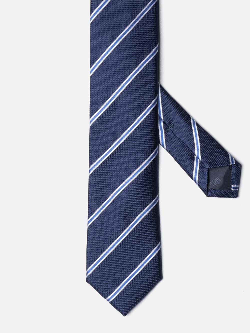 Navy silk slim tie with sky stripes