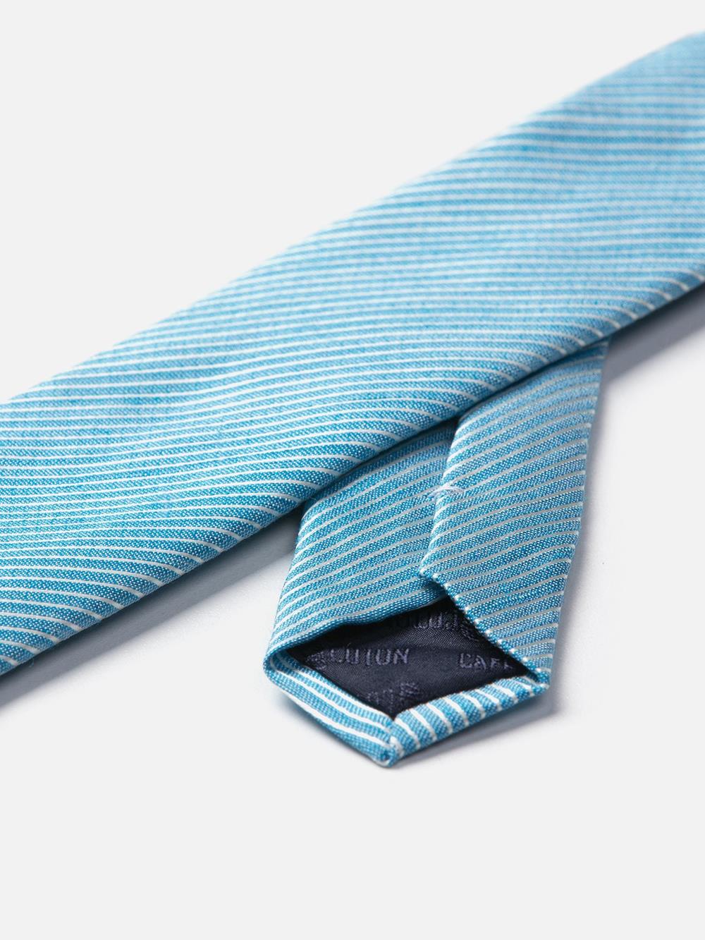 Cravate slim en lin et soie turquoise à micro rayures