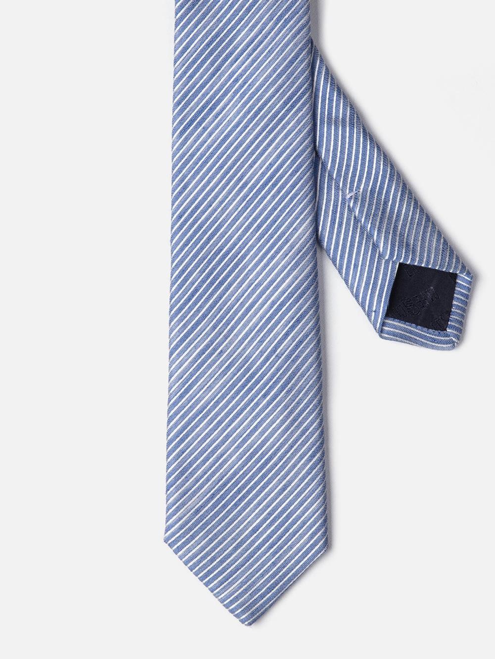 Cravate slim en lin et soie bleu à micro rayures