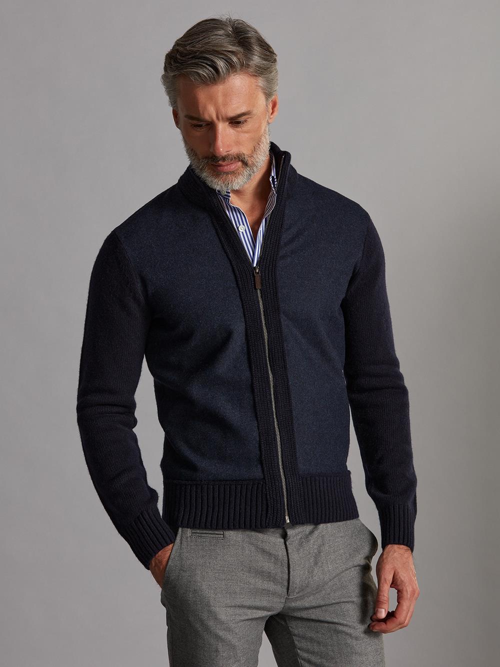 Cardigan con zip e lana d'agnello navy