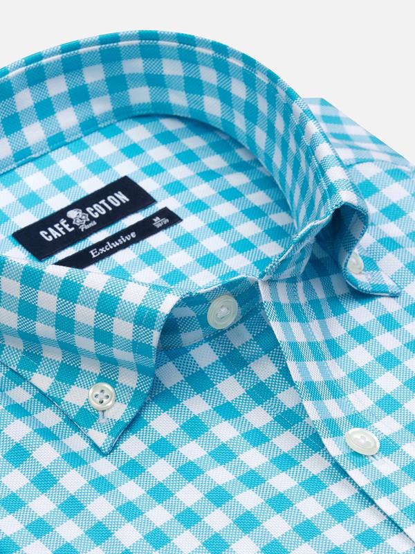 Buton down collar Ash check shortsleeves shirt - Turquoise