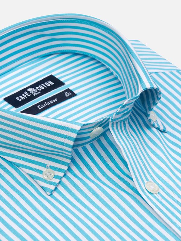 Chemise manches courtes Barry à rayures turquoise - Col boutonné