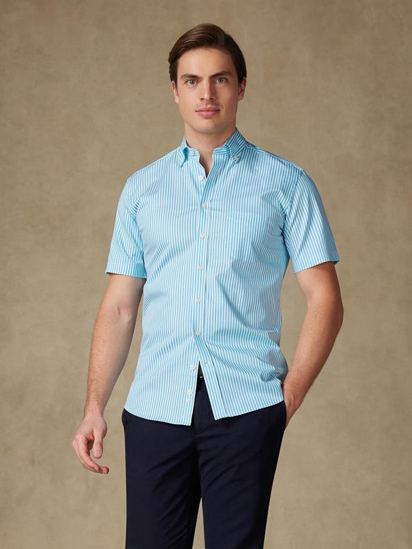 Chemise manches courtes Barry à rayures turquoise - Col boutonné