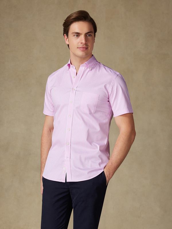 Chemise manches courtes Barry à rayures rose - Col boutonné