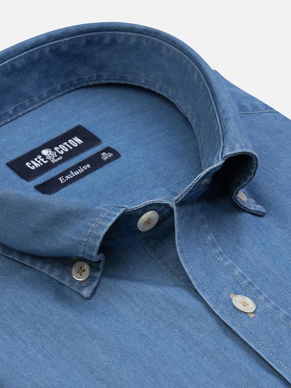 Buton down collar Denim shortsleeves shirt - Blue