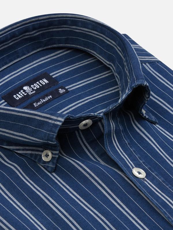 Buton down collar Gerry denim stripe shortsleeves shirt - Navy