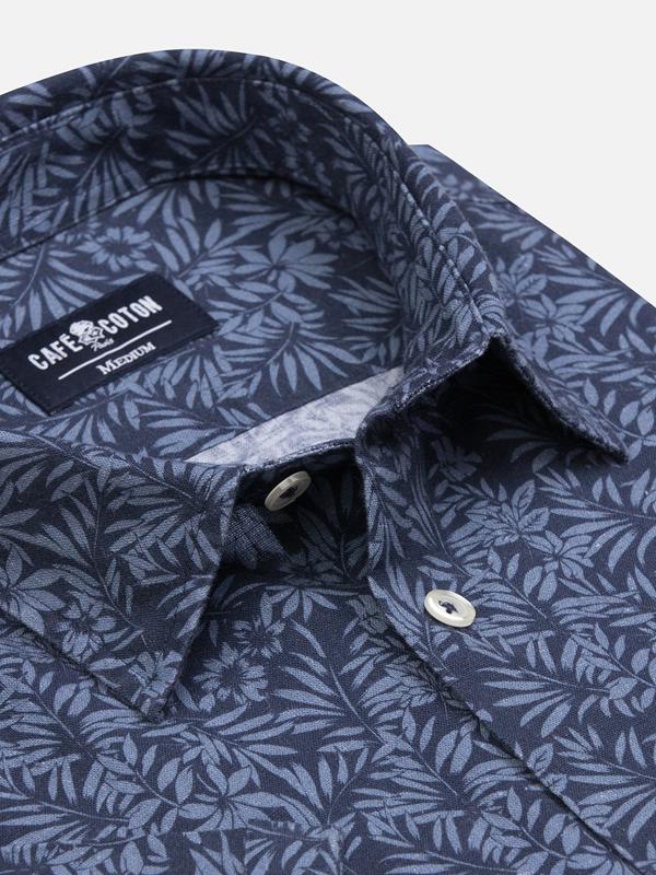 Spike shortsleeves shirt in navy linen with floral print 