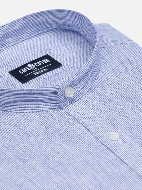 Kim shirt with Mao Collar in blue linen stripes