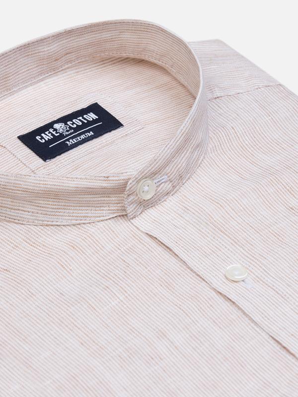 Kim slim fit shirt with Mao Collar in sand linen stripes
