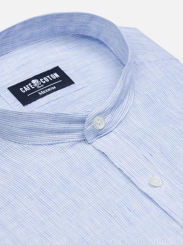 Kim slim fit shirt with Mao Collar in sky blue linen stripes