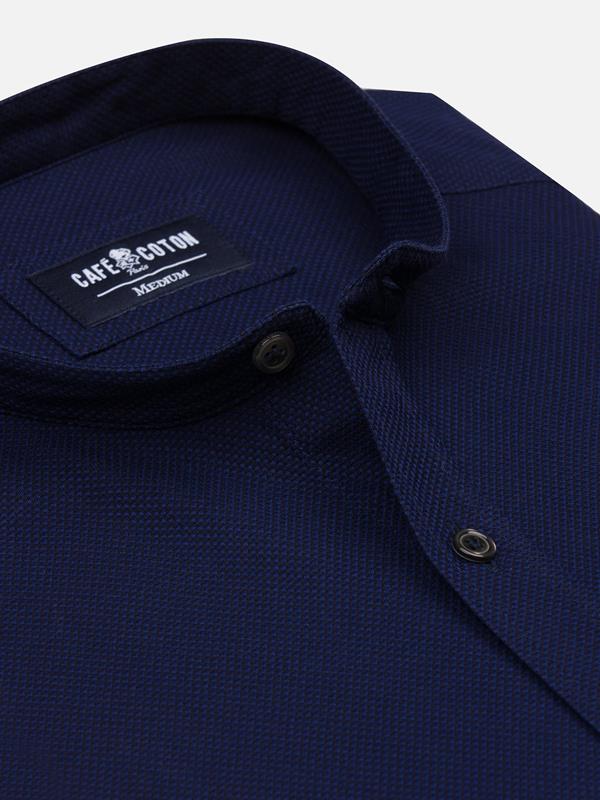 Leo navy blue textured slim fit shirt - Mao collar
