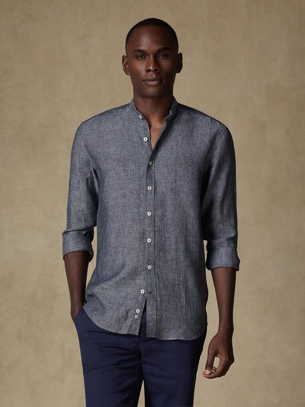 Olaf collarless slim fit shirt in anthracite linen