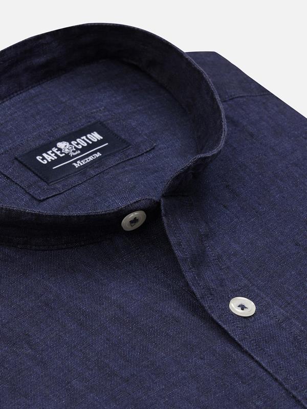 Olaf collarless slim fit shirt in navy linen