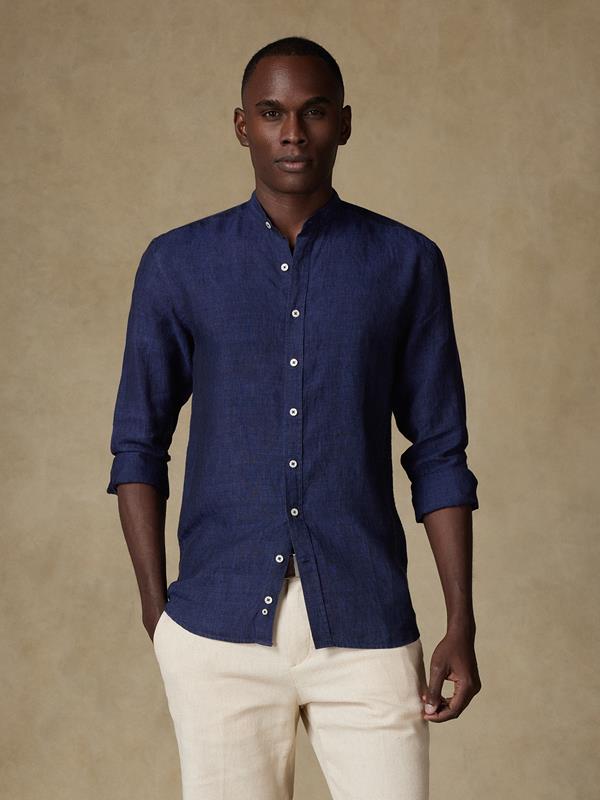 Olaf collarless slim fit shirt in navy linen