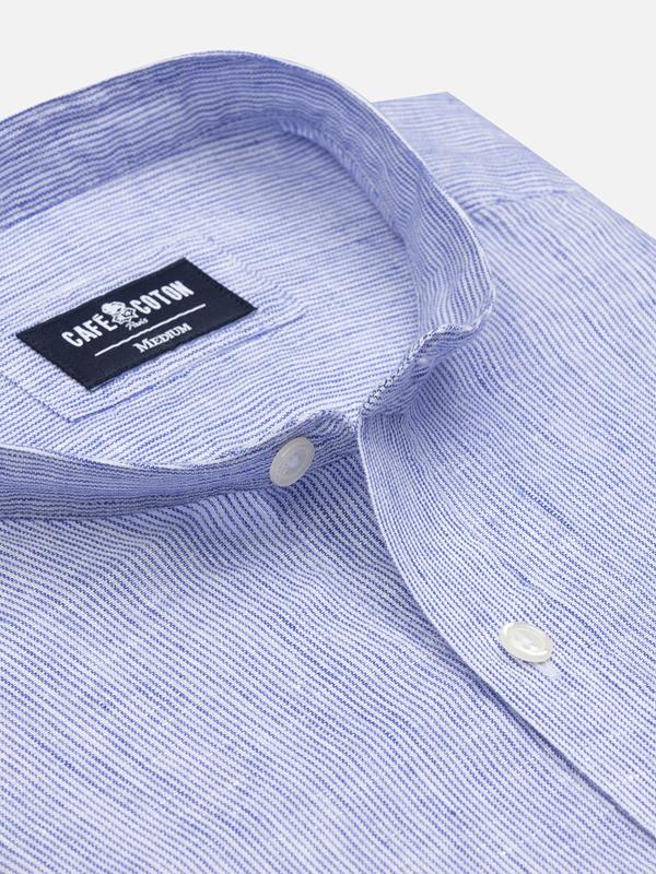 Ted colarless linen slim fit shirt in blue stripes