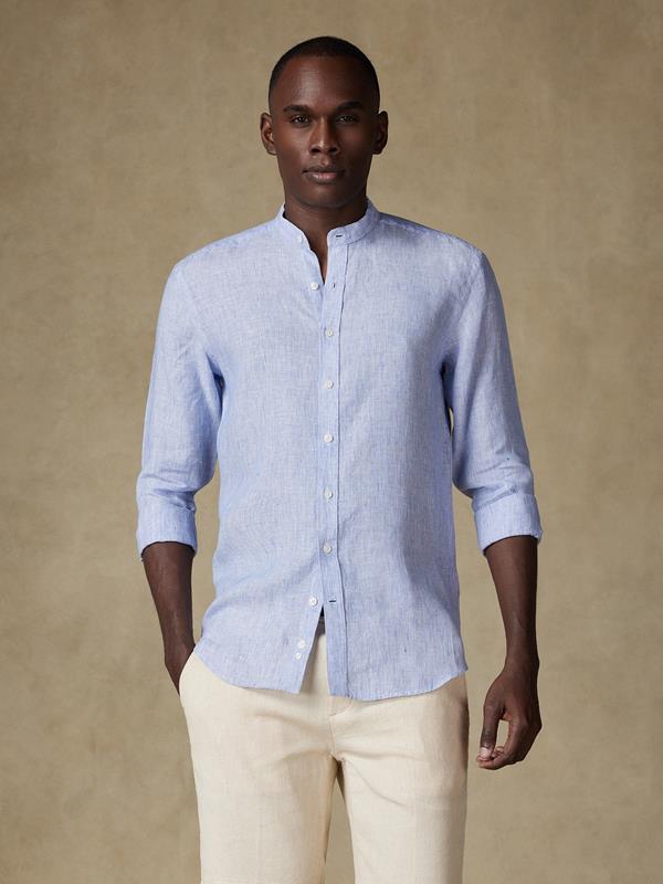 Ted colarless linen slim fit shirt in blue stripes