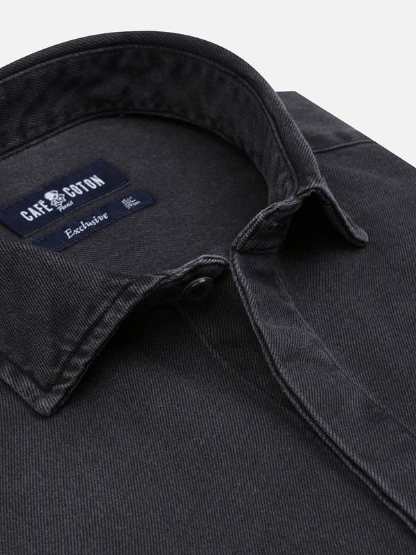 Gustavs Taillierthemd aus schwarzem Jeansstoff - Verdeckte Knopfleiste