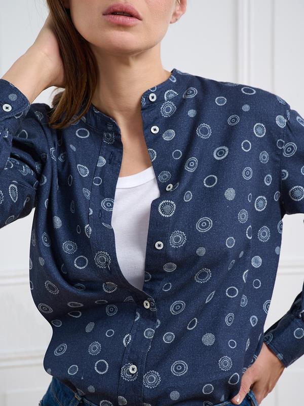 Helene marineblauw flanellen overhemd met patroon