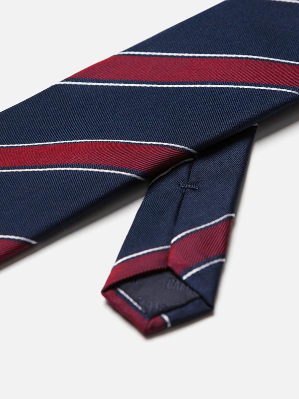 Navy silk tie with burgundy stripes