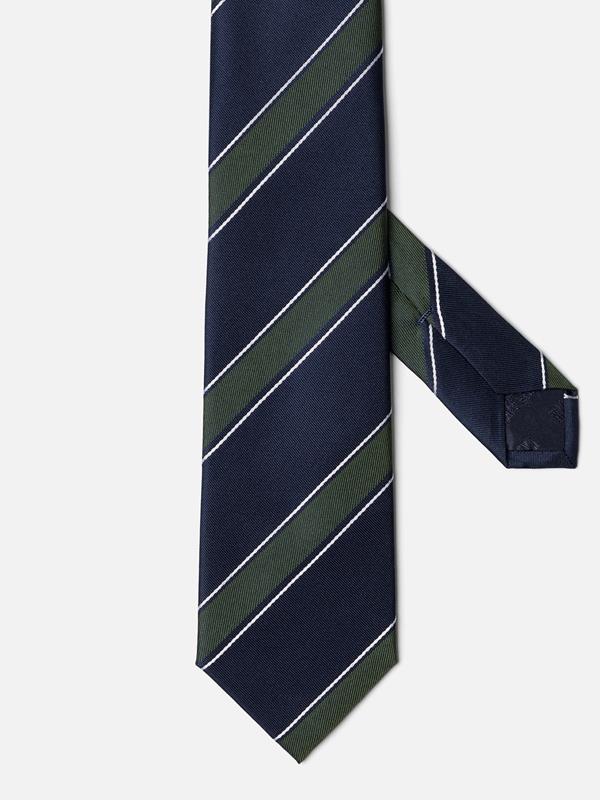 Navy silk tie with khaki stripes
