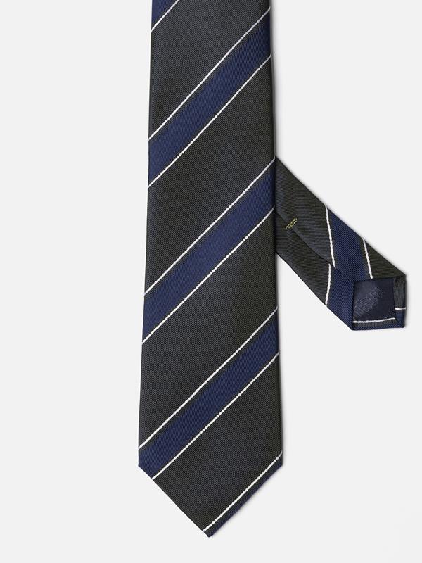 Khaki silk tie with navy stripes