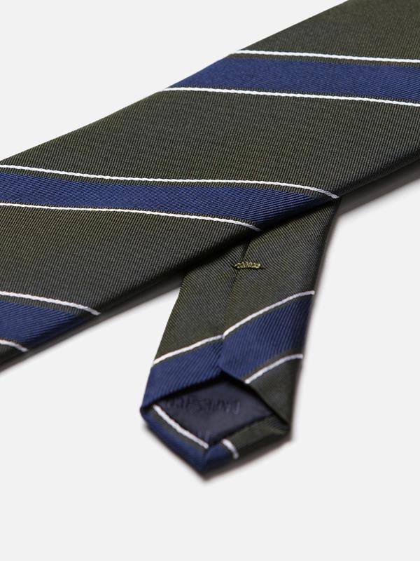 Khaki silk tie with navy stripes