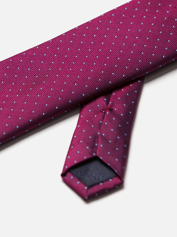 Tie in fuchsia silk reps with sky polka dots