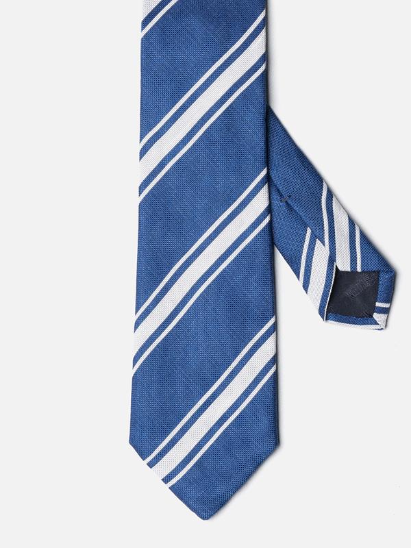 Cravate en soie bleue à rayures blanches 