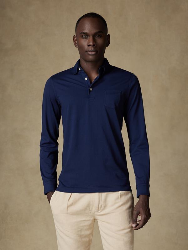 Bred long sleeve polo in navy jersey