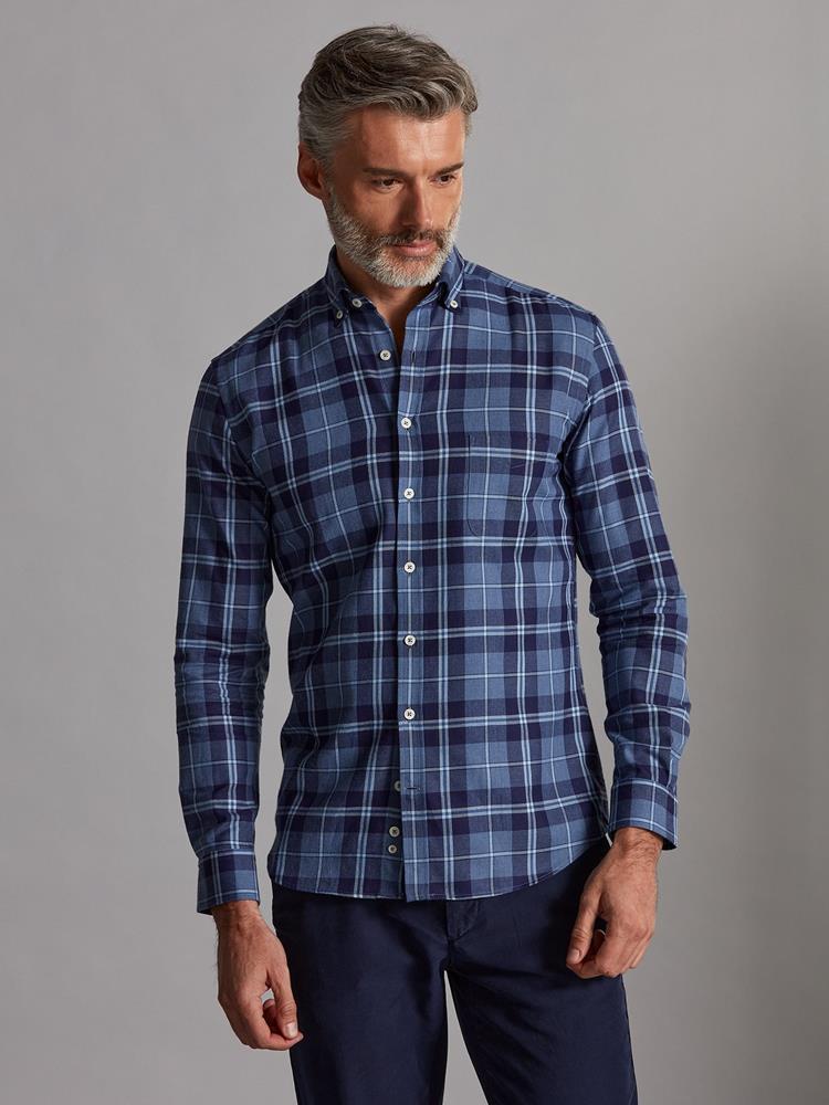 Adam sky blue flannel shirt with navy checks - Button-down collar