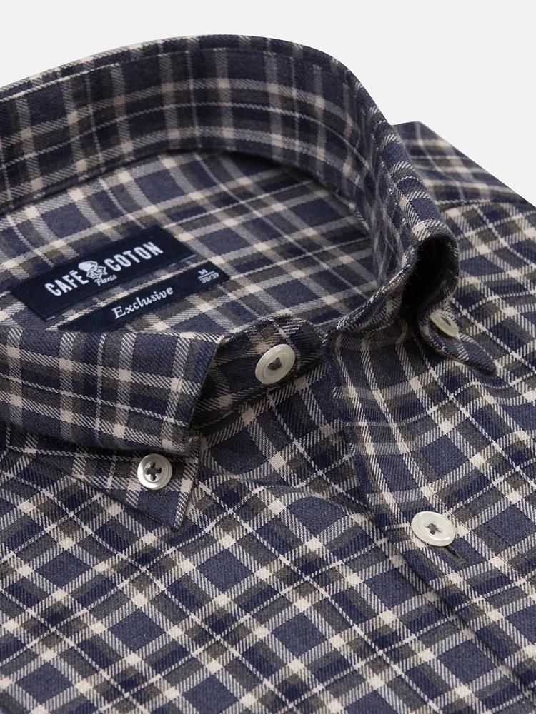 Denys navy blue flannel shirt with grey checks - Button-down collar