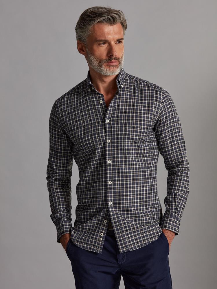 Denys navy blue flannel shirt with grey checks - Button-down collar