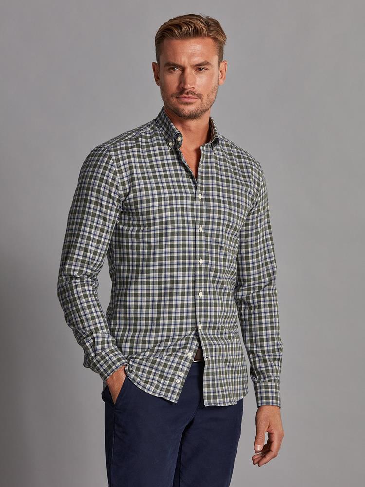 Denys khaki flannel shirt with navy blue checks - Button-down collar