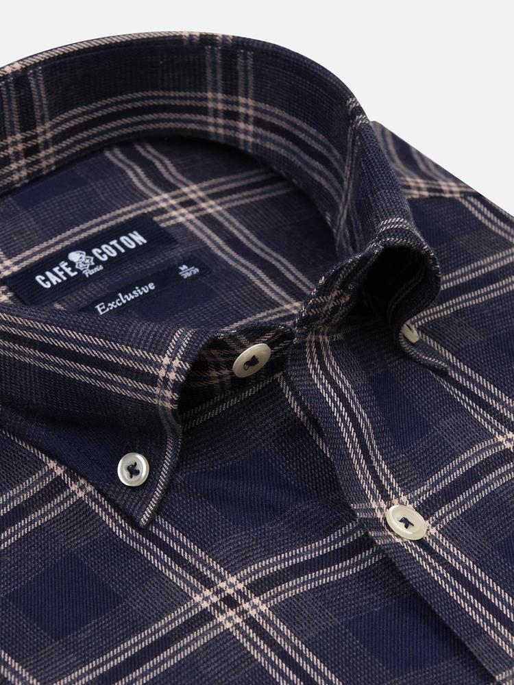 Devin navy blue checked flannel shirt - Button-down collar