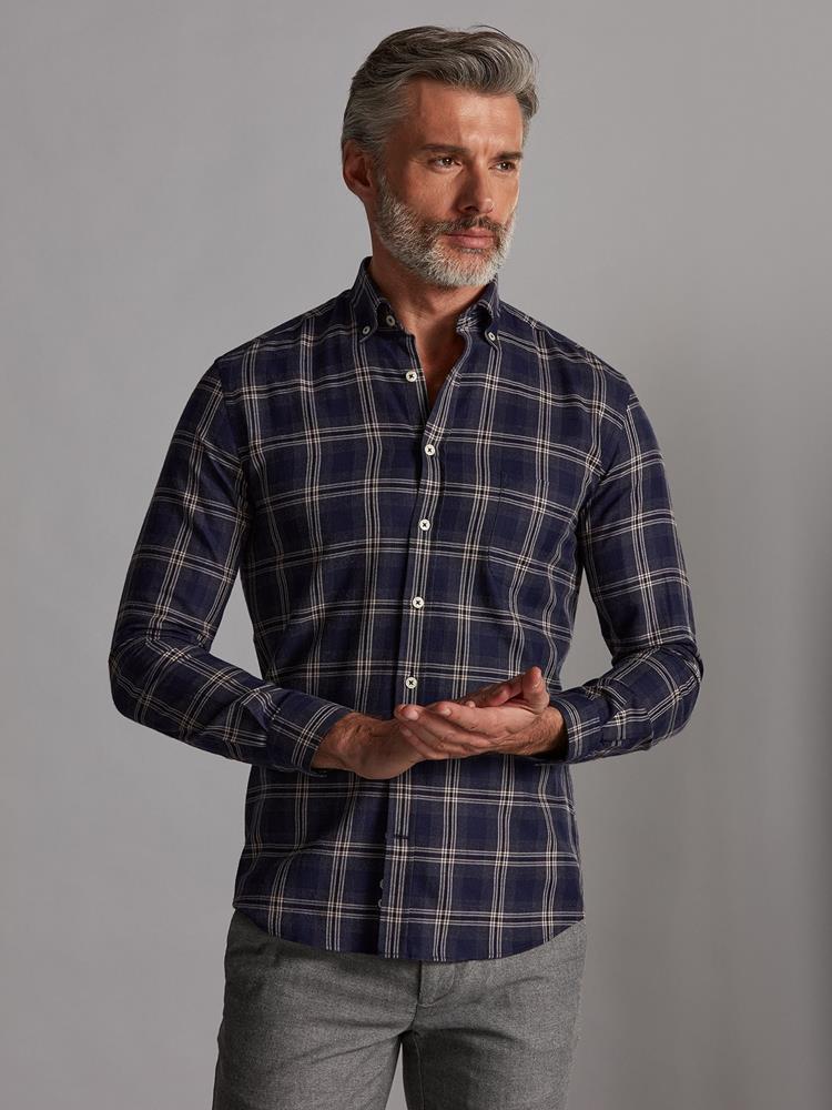 Devin navy blue checked flannel shirt - Button-down collar