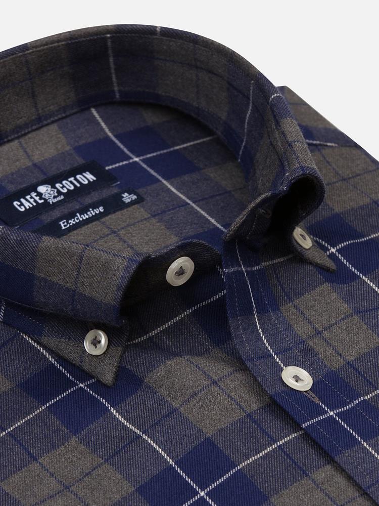 Eddy grey flannel shirt with navy blue checks - Button-down collar