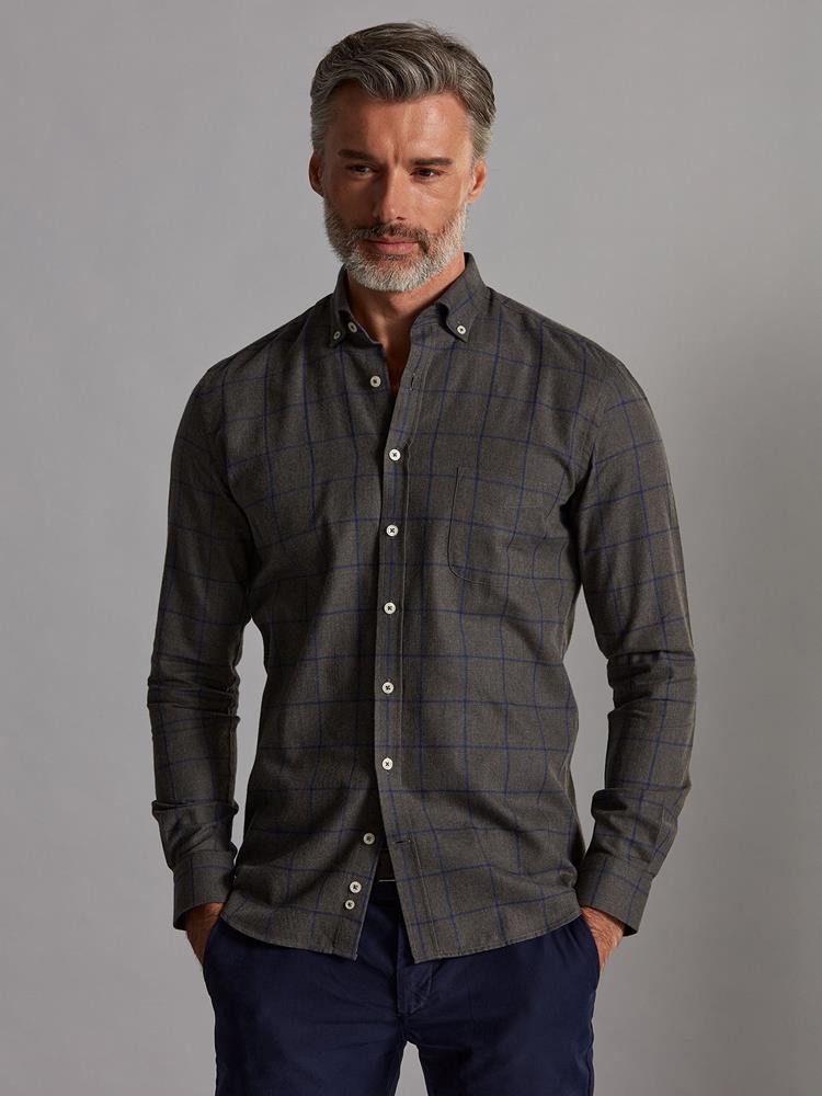 Edwin grey flannel shirt with navy blue checks - Button-down collar