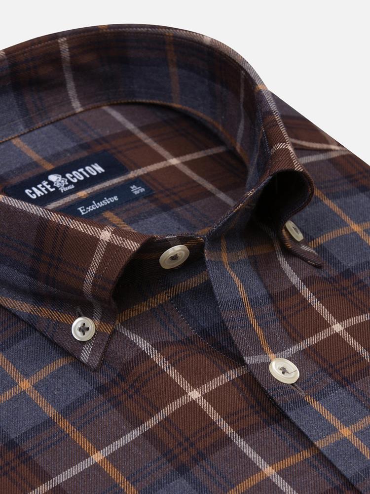 Enoch navy blue flannel shirt with chocolate brown checks - Button-down collar