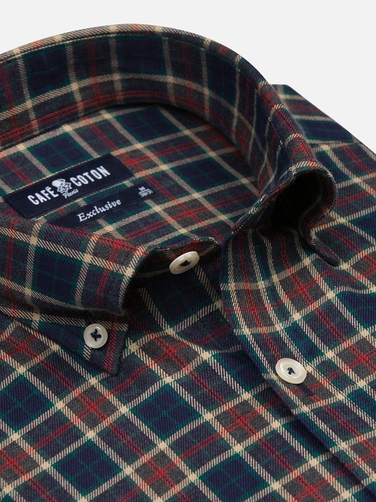 Gary navy blue flannel shirt with rust coloured checks - Button-down collar