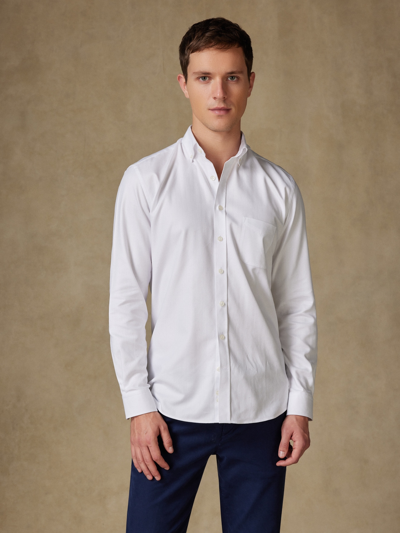 White Herringbone Shirt - Button down collar - White - Heringbone ...