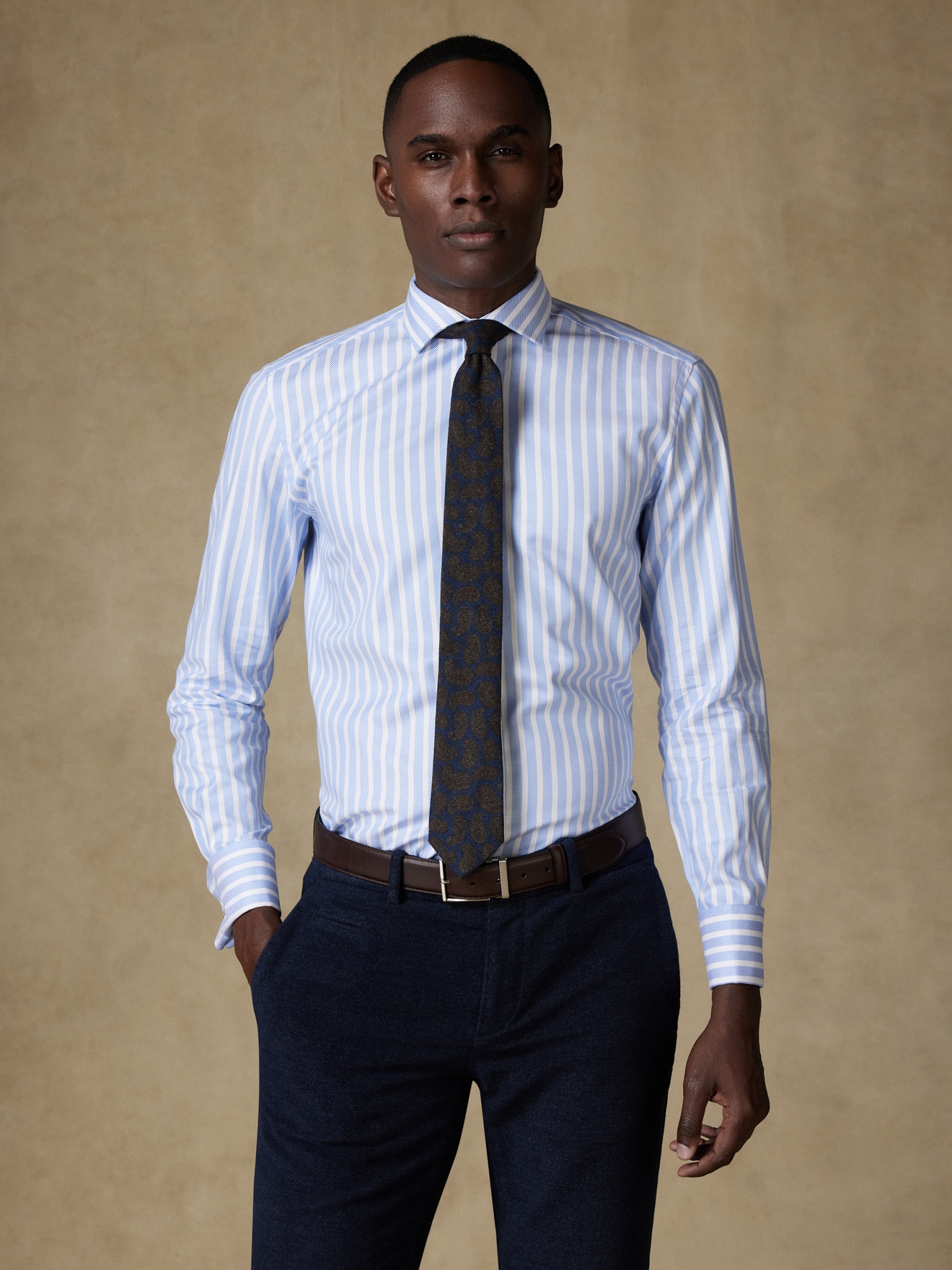 Don Sky Stripe slim fit shirt - Double Cuffs - Sky - Heringbone - Male -  Cafe Coton