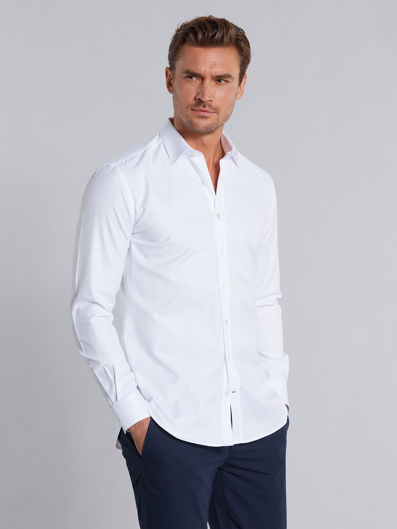 White royal herringbones Slim fit shirt - White - Heringbone - Male