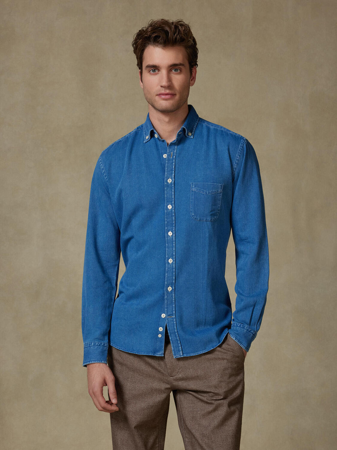 Overhemd Albro in indigo met visgraatmotief - Button-down kraag