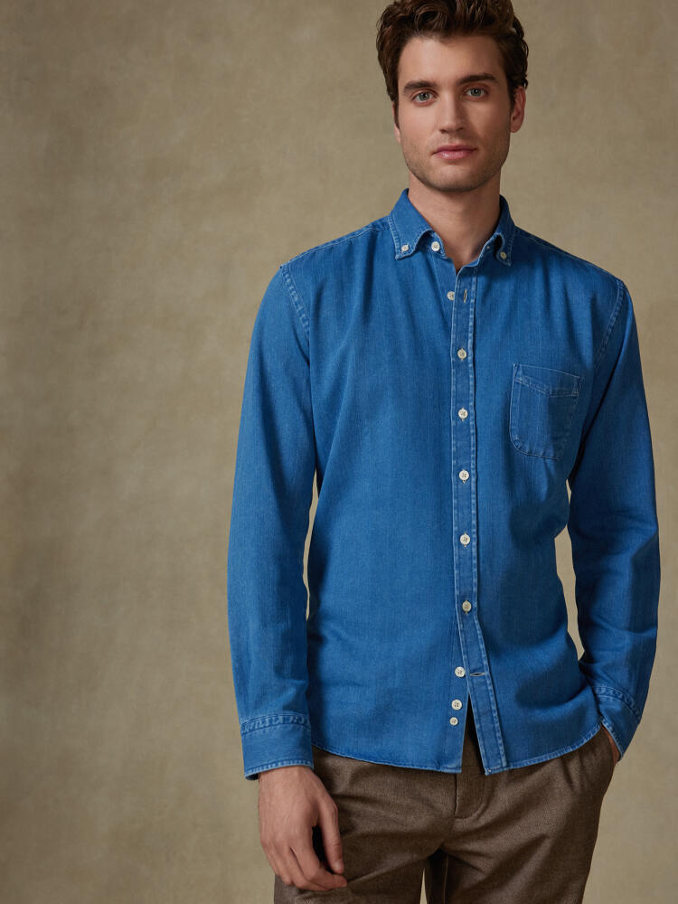 Chemise Albro indigo &agrave; motif chevron - Col boutonn&eacute;