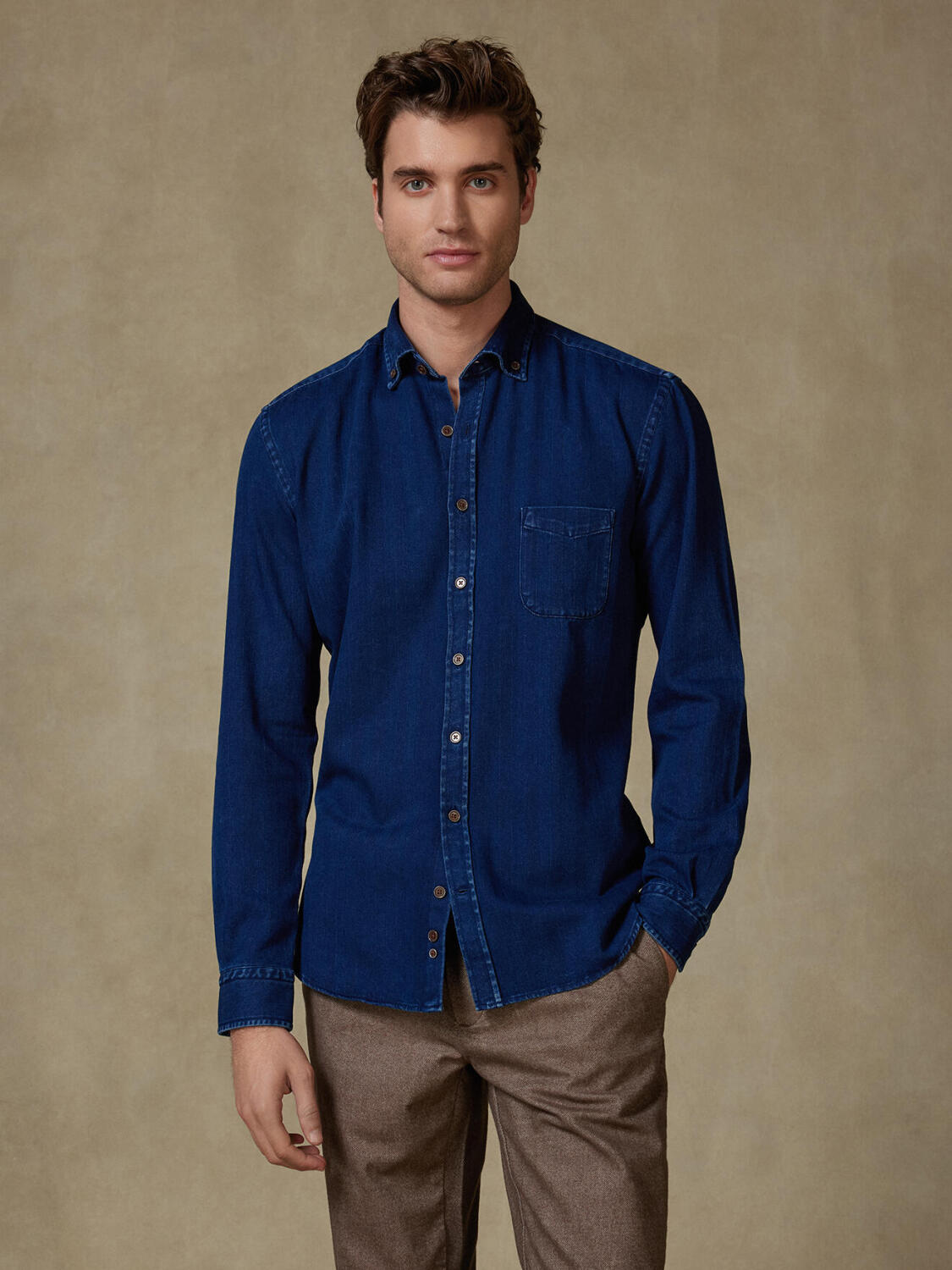 Overhemd Albro in chevron indigo - Button-down kraag