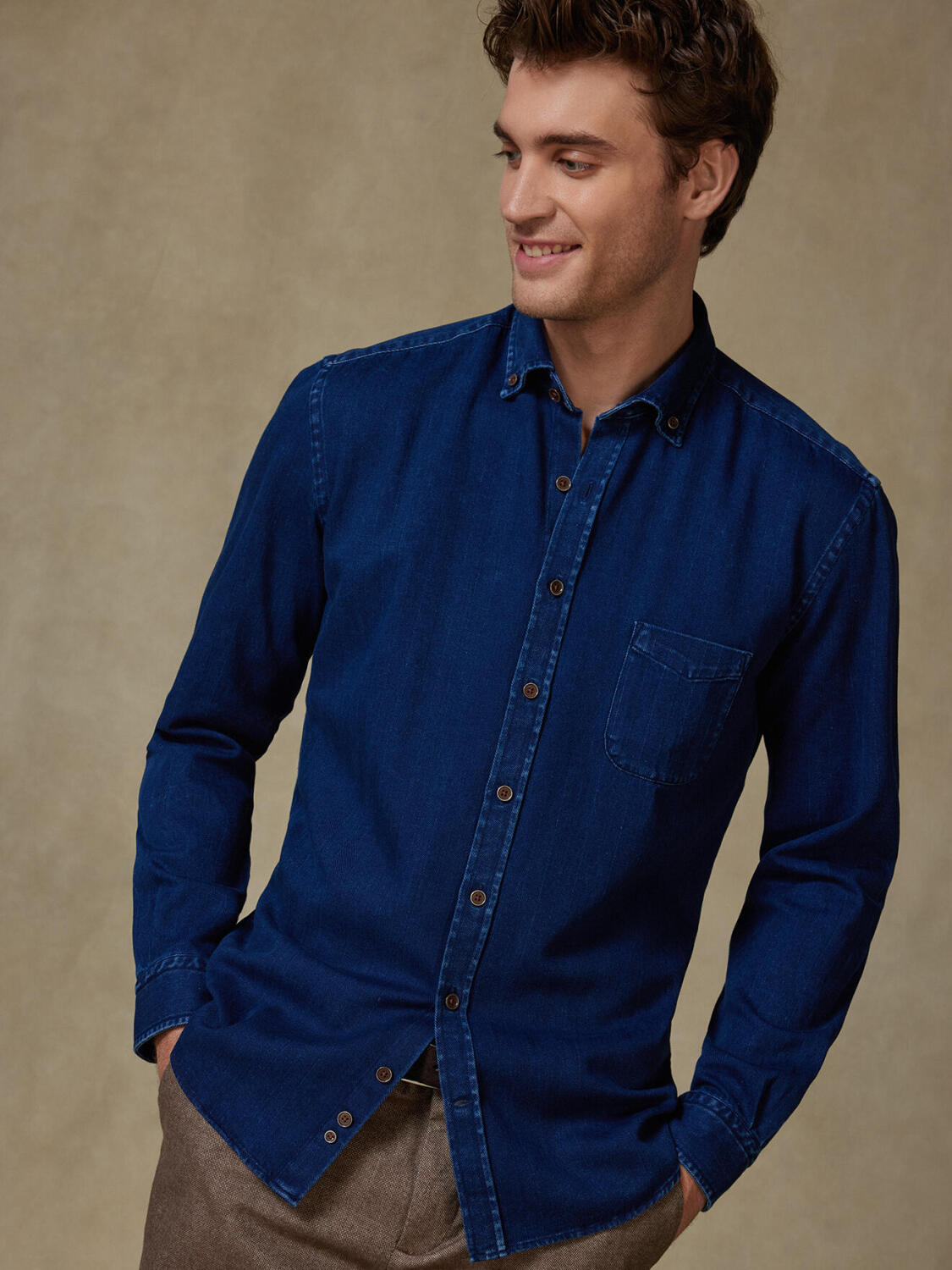 Overhemd Albro in chevron indigo - Button-down kraag