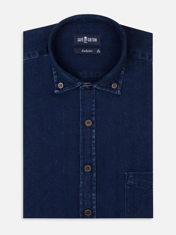 Chemise Albro en chevron indigo - Col boutonn&eacute;