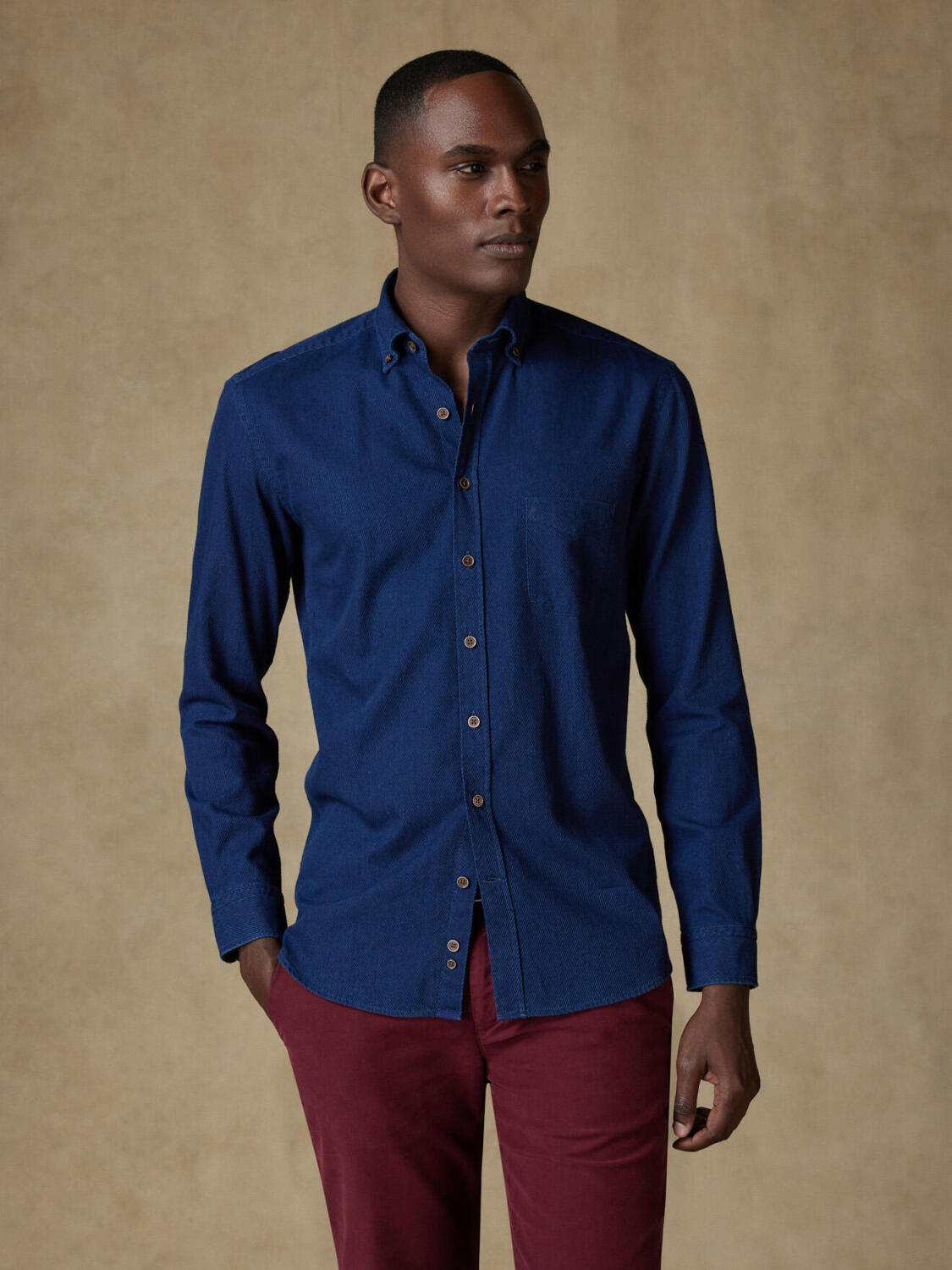Alford overhemd in indigo keperstof - Button-down kraag