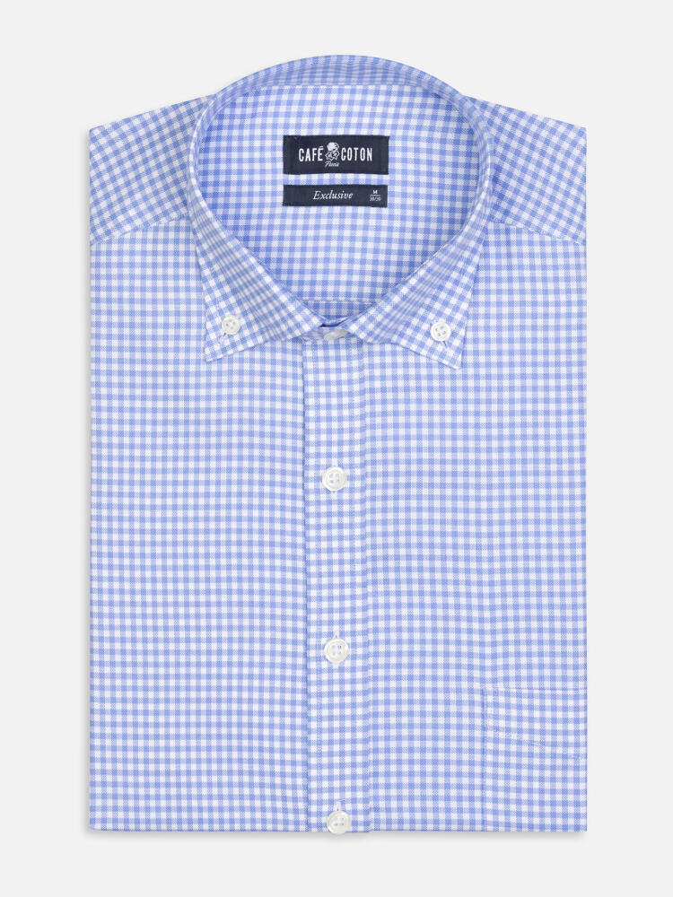 Chemise Anthony en micro vichy ciel- Col Boutonné